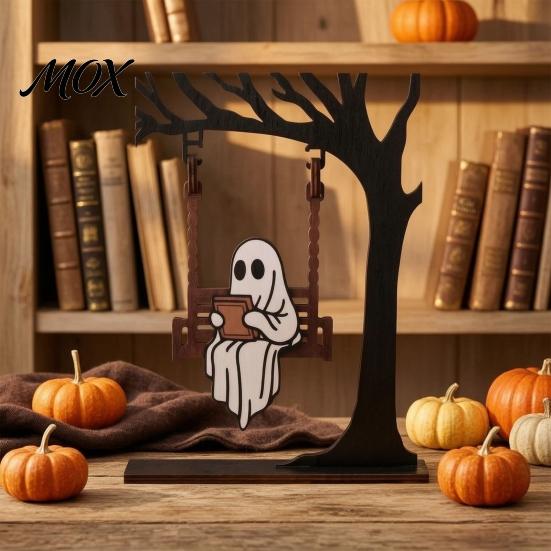 Sturdy Reusable Holiday Decoration Halloween Ghost on A Swing Reading Figurine, Spooky Wooden Centerpiece Decorative with Cup for Home Nook Bookshelf