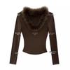 2026 Autumn/Winter Furry V-neck Slim Short Top: Spicy Girl Vibe Versatile Long Sleeve T-shirt for Women.
