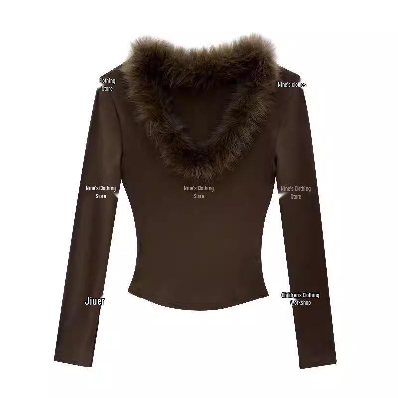 2026 Autumn/Winter Furry V-neck Slim Short Top: Spicy Girl Vibe Versatile Long Sleeve T-shirt for Women.