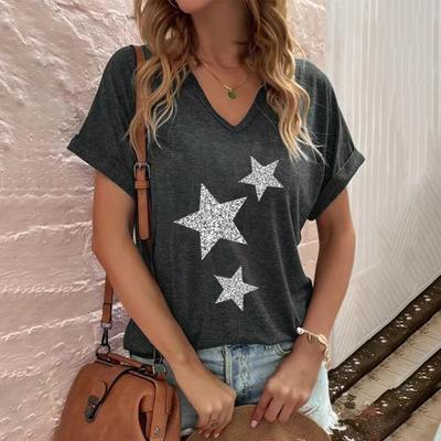 Fashion V-neck Women's T-Shirts Funny Five-Pointed Star Printed T Shirt For Women Summer Hot Sale Short Sleeve Casual Loose Tops