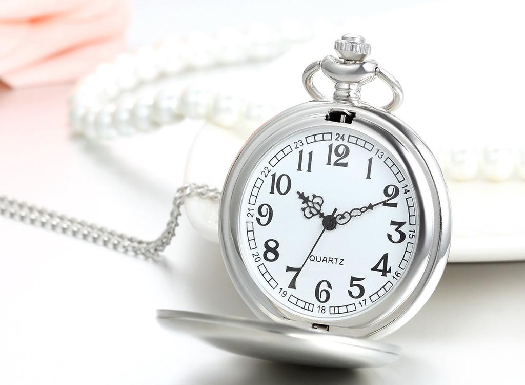 JewelryWe Pocket Watch Antique Necklace Pendant Watch Pocket Mirror Full Hunter Simple Day Gift Watch, Watch, Silver, Alloy, Valentine's