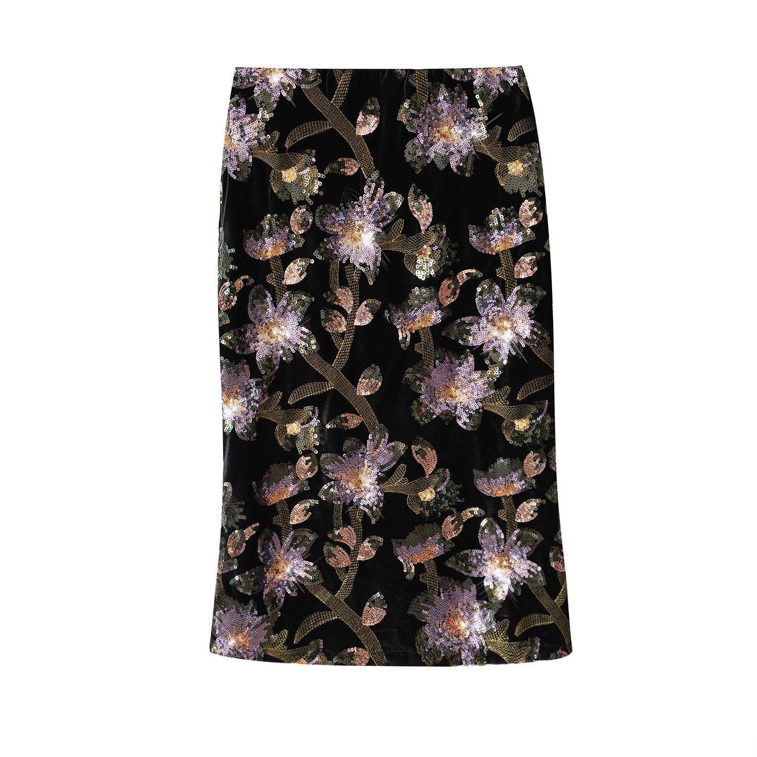 

Шикарная облегающая юбка-миди из бархата с вышивкой пайетками One Size чёрный
