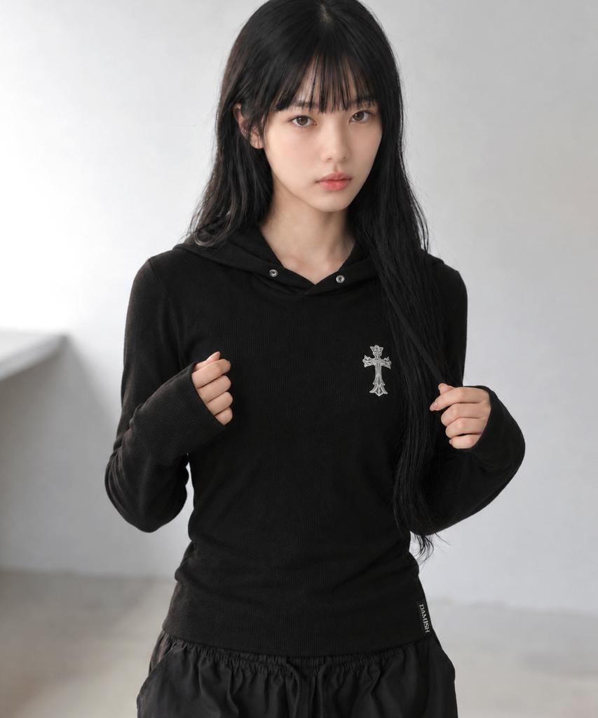 DAMISH Cross Embroidered Ribbed Hoodie_Black