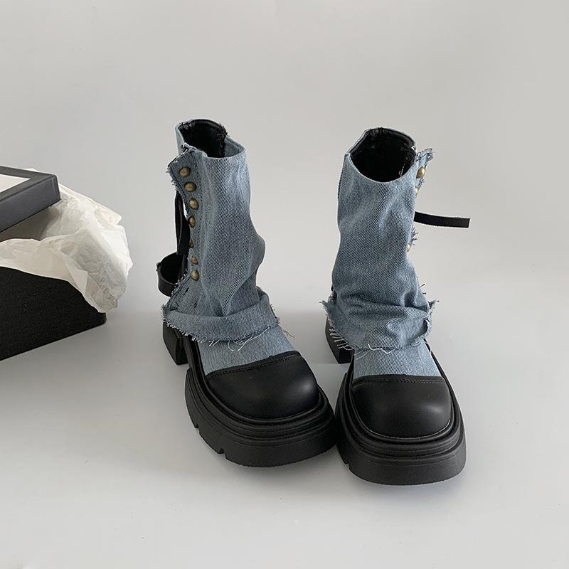 

Британская мода черные ботинки Martin в британском стиле на платформе женские летние 2025 новые нишевые короткие ботинки с юбкой на толстом каблуке 40 синий