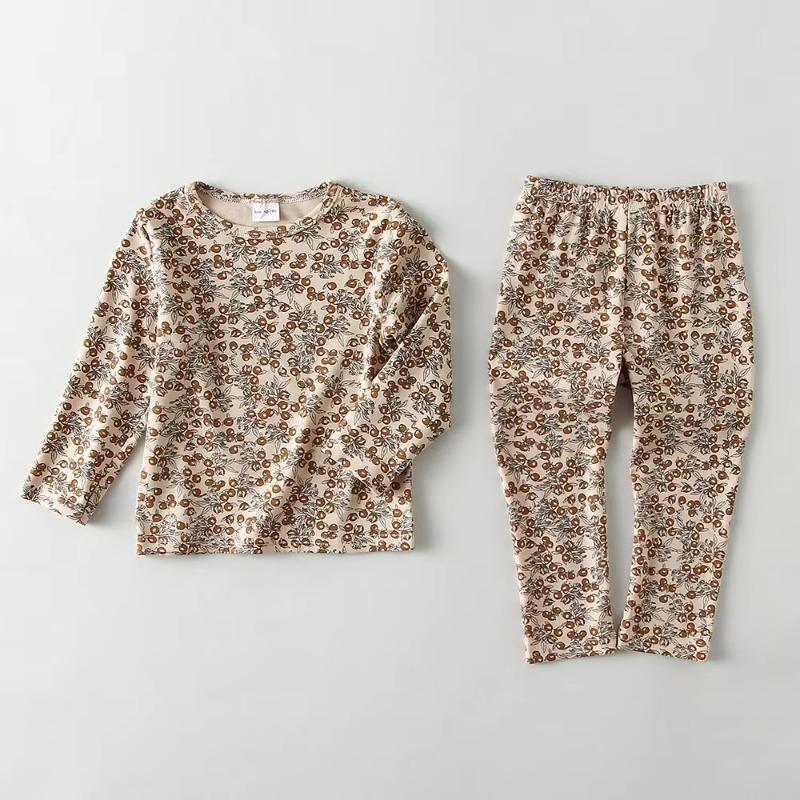 

Kids Pajamas Suit for Spring Autumn Floral Print Long Sleeve Top + Pant Baby Girl Sleepwear Clothing 5-6Y 120 коричневий