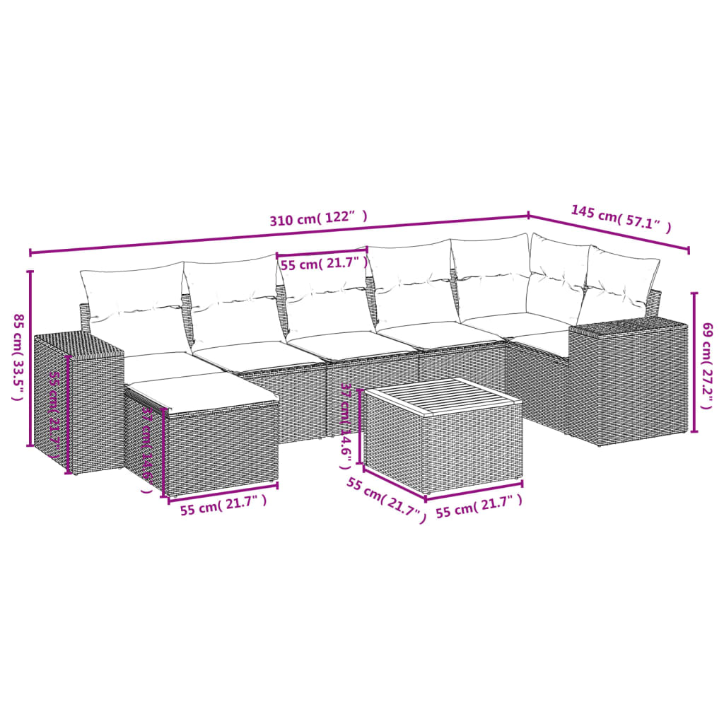 8 Piece Garden Sofa Set with Cushions Gray Poly Rattan