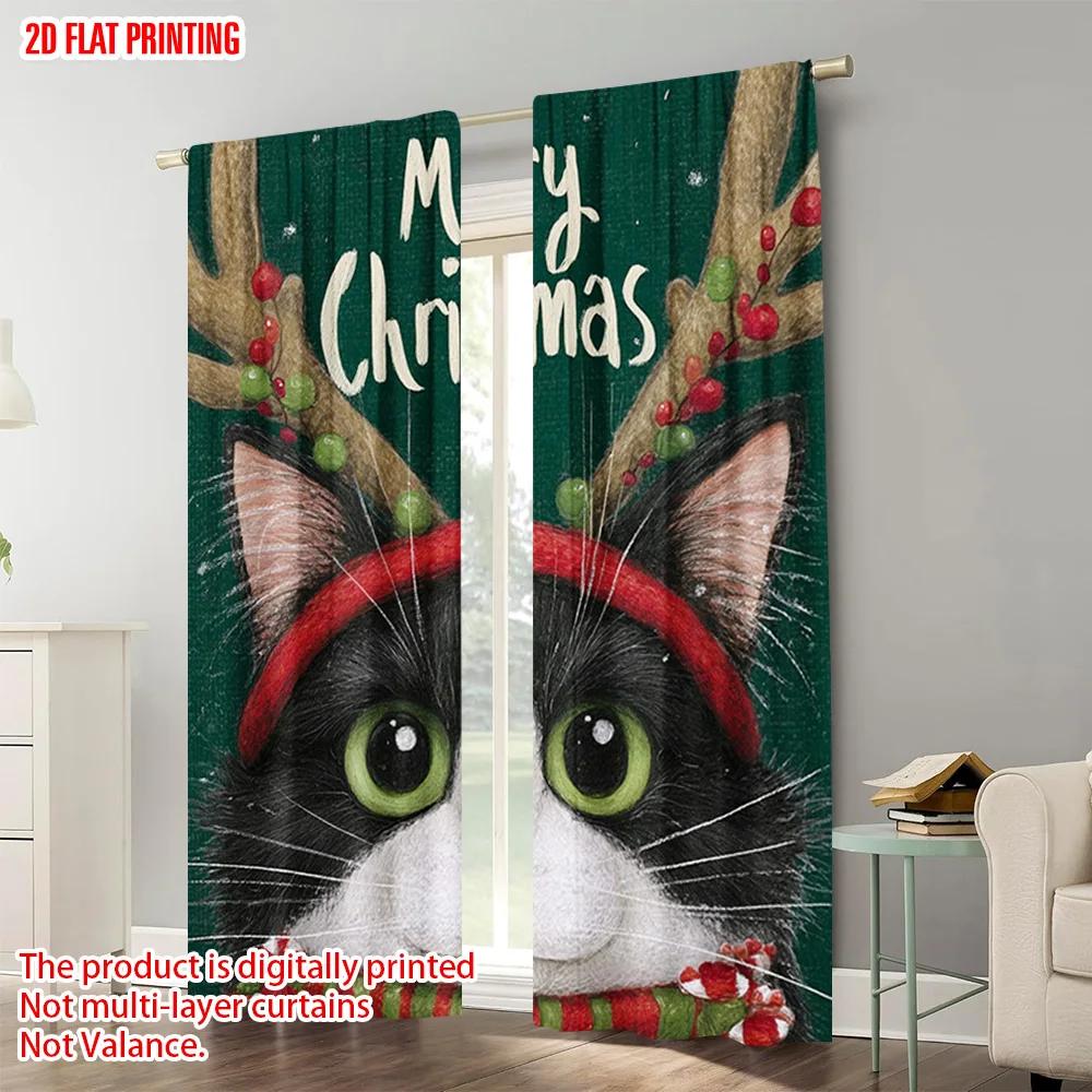 2pcs  2D plane printing Curtains Digital Printed Winter Black Cat Versatile Polyester Fabric (without rod) Holiday Ldeal for