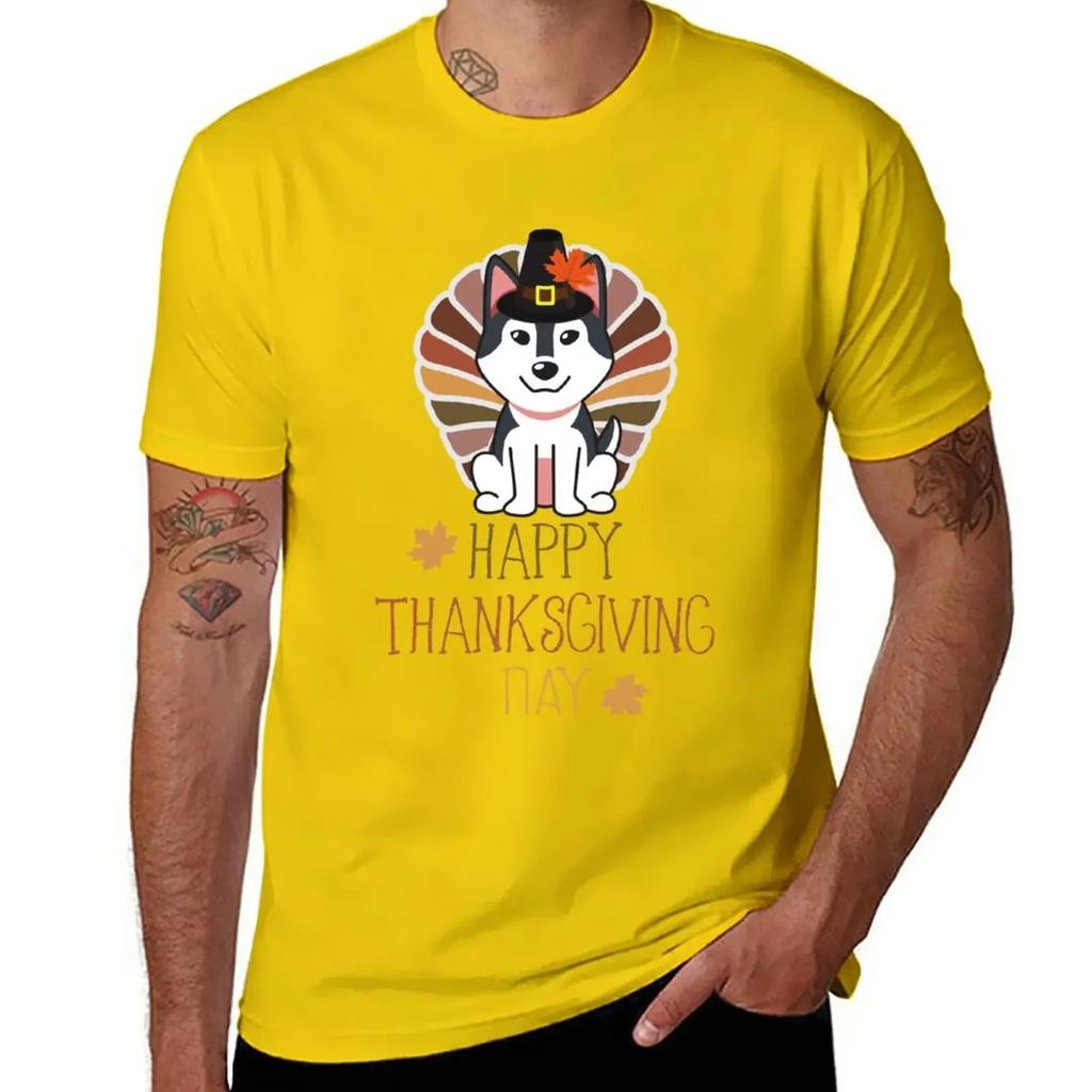 Funny and Cute Happy Thanksgiving Turkey Husky Gift For Dogs Lover T-Shirt tees kawaii clothes fruit of the loom mens t shirts