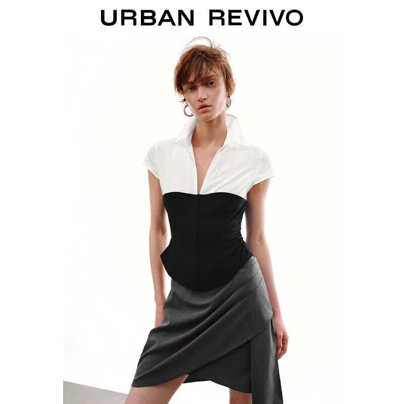 UR2026 Women s Contrast Patchwork Pleated Shirt XS
