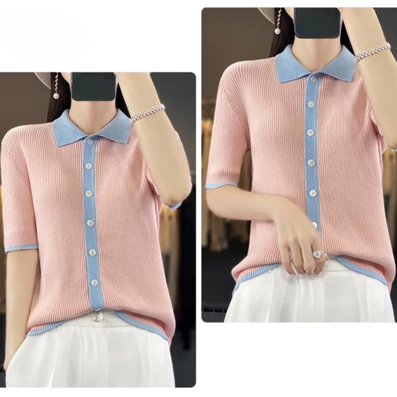 IHUASU Cotton Knitted Cardigan Short-sleeved T-shirt Women's Summer Slim Versatile Bottoming Outside Wear