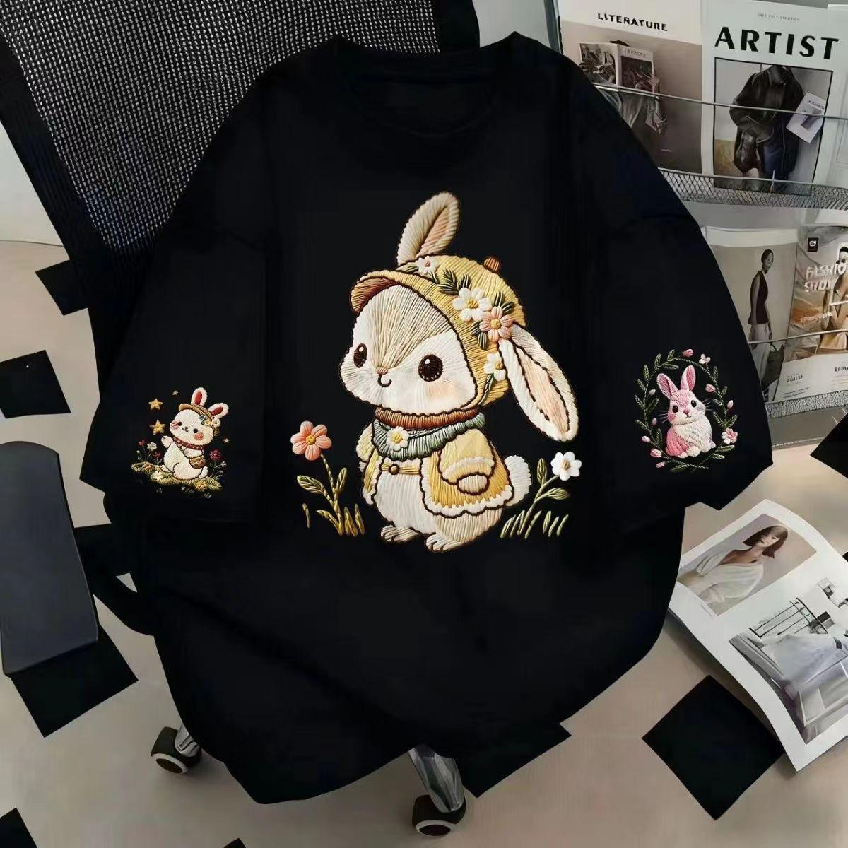 

Женская модная хлопковая футболка с принтом кролика - Летняя, свободного кроя, стройнящая, с коротким рукавом, с круглым вырезом 2XL (141-155 jin) чёрный