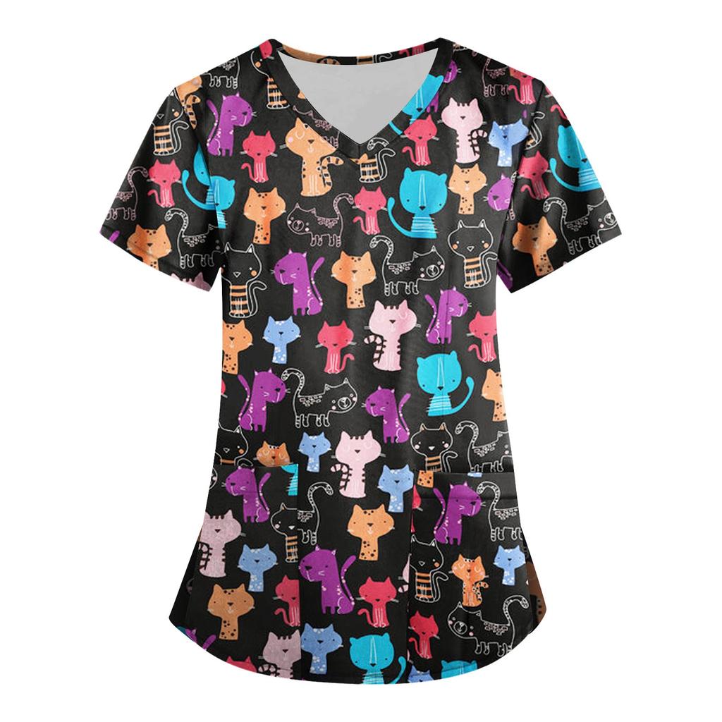 Women's Fashion V-neck Short Sleeve Workwear With Pockets Printed Tops