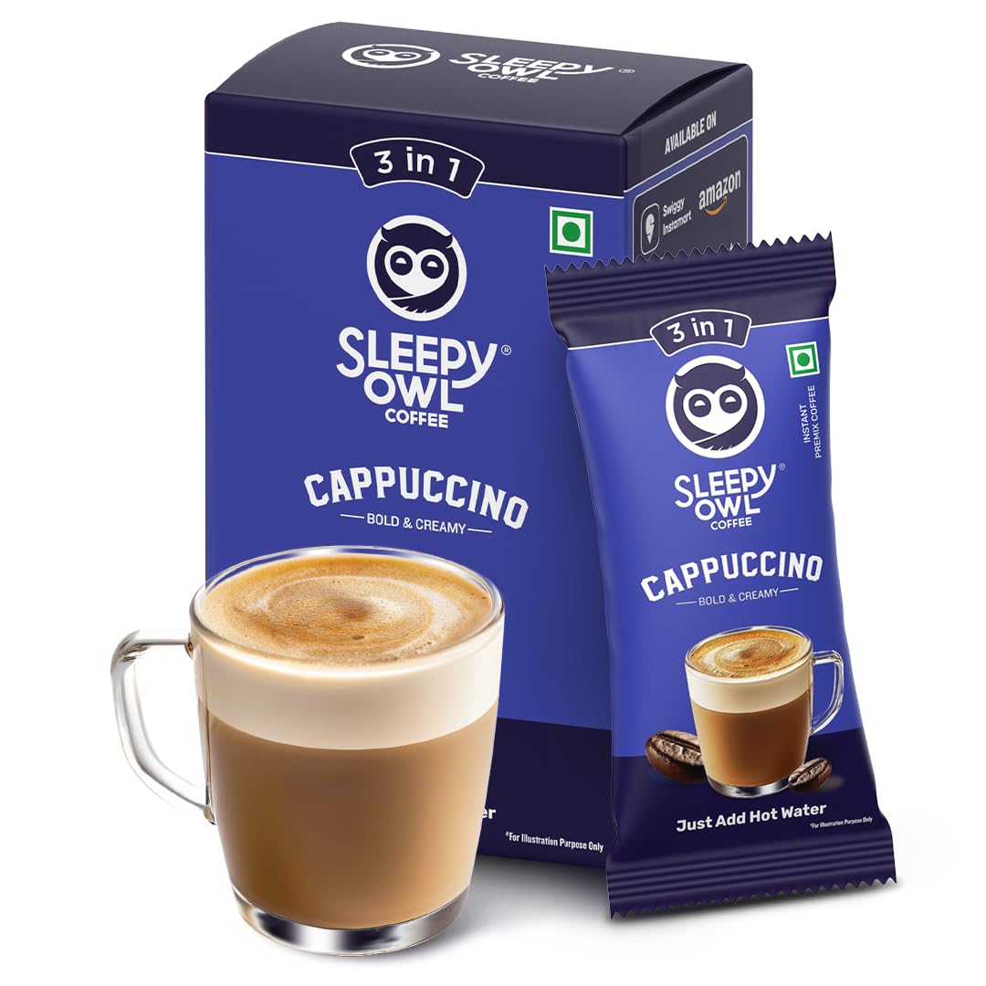 Sleepy Owl Cappuccino Instant Coffee Premix Sachets | 3 in 1 Coffee Sachet | Frothy & Creamy Cafe-Style Coffee at Home | All in One Premix Coffee S