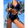 Women's Navy Tropical Print Three-Piece Bikini Swimsuit with Kimono Cover Up