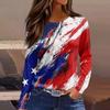 Women's Fashion Long Sleeve Top with Side Split Hem and Round Neckline Featuring Independence Day Print Suitable for Casual Wear