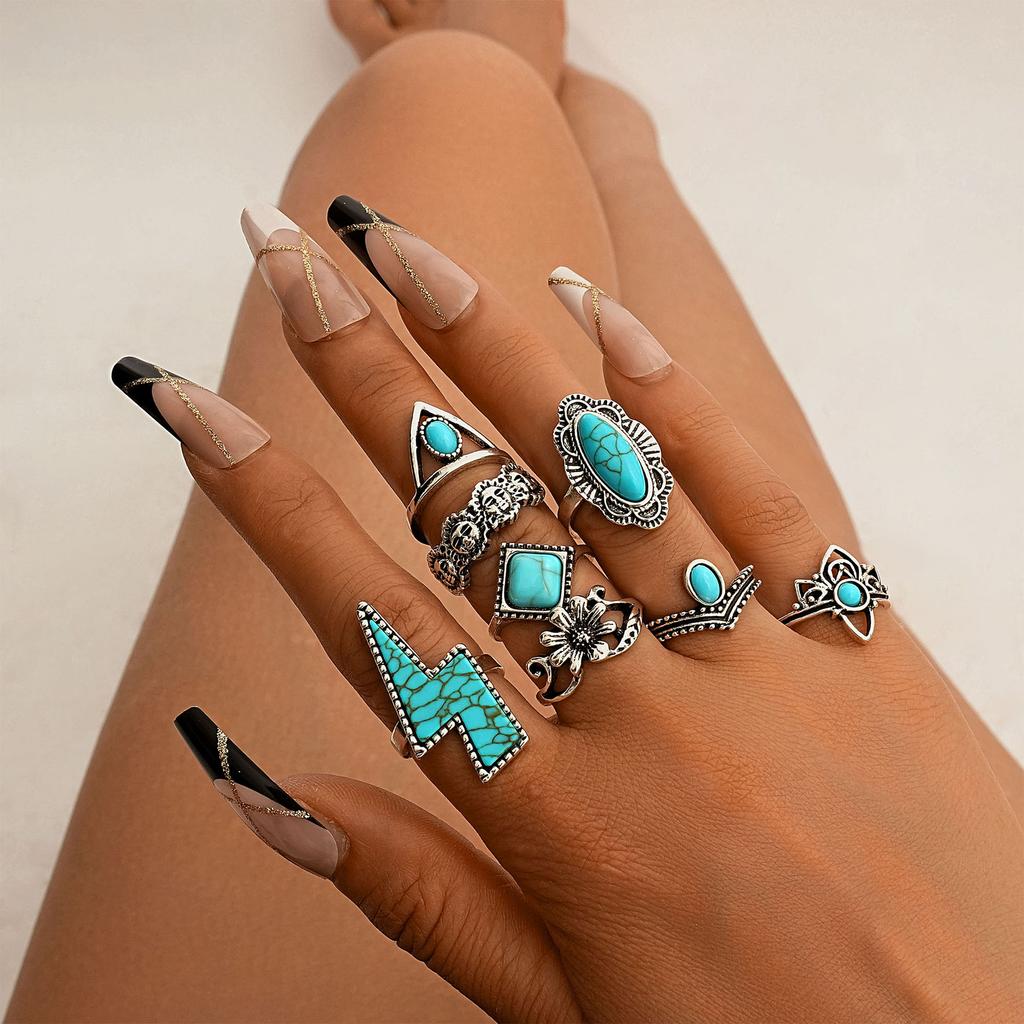 Vintage Bohemian Turquoise Cactus Engraved 14-Piece Set Ring Female