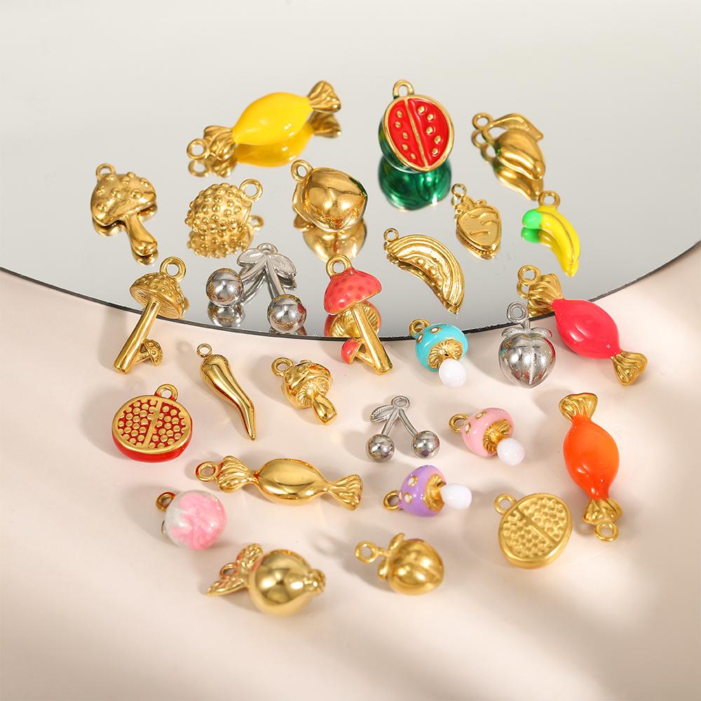 3PCS/LOT CARLIDANA Gold Plated Stainless Steel Charms, Cute 3D Mushroom Candy Fruit Pendants for DIY Bracelet Earring Jewelry