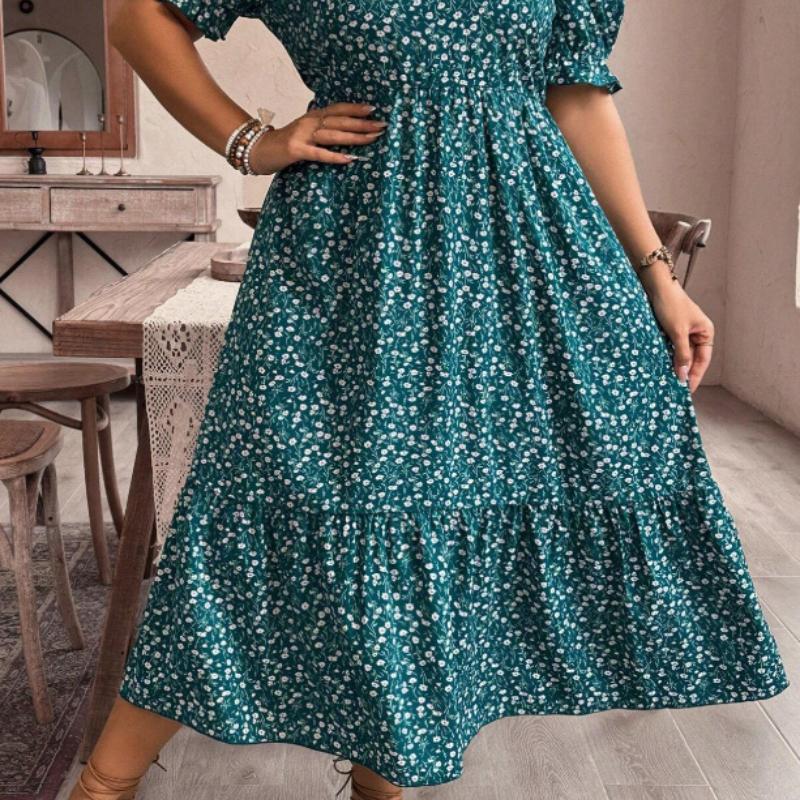 Büyük Beden 2025 Yaz Yeni Kısa Kollu Baskılı Bol Elbise Plaj Eteği O-Yaka Kadın Modası Günlük Elbiseler