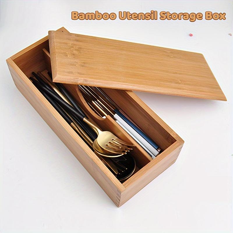 1pc Storage Box, Japanese Style Bamboo Spoon And Fork Cutlery Storage Box, 2-grid Divided Chopstick Box With Lid, For Restaurant And Hotel