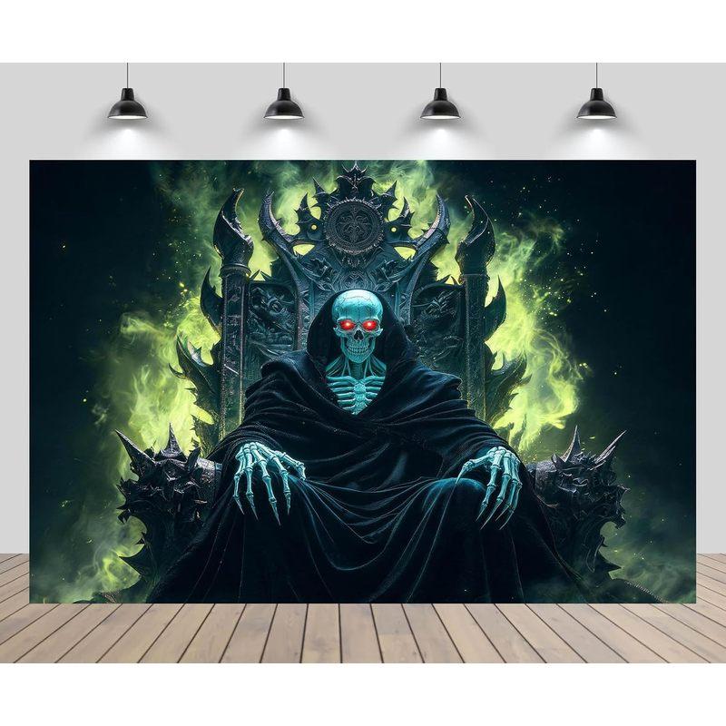 1pc,2Dflat, , Dark Skeleton Throne, Green Smoke Dreamy Background, Gothic Horror Decoration, Halloween Party Photography, wsj