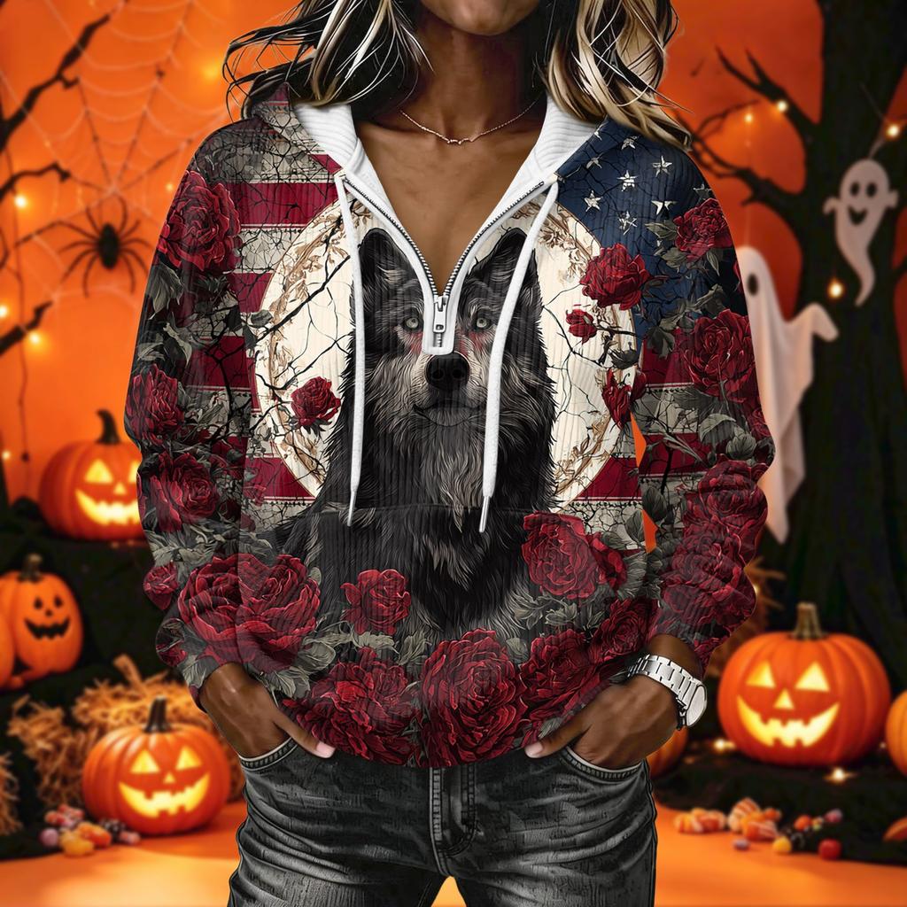 Women's Casual Long Sleeve Halloween Printed Hoodie Pullover with Top