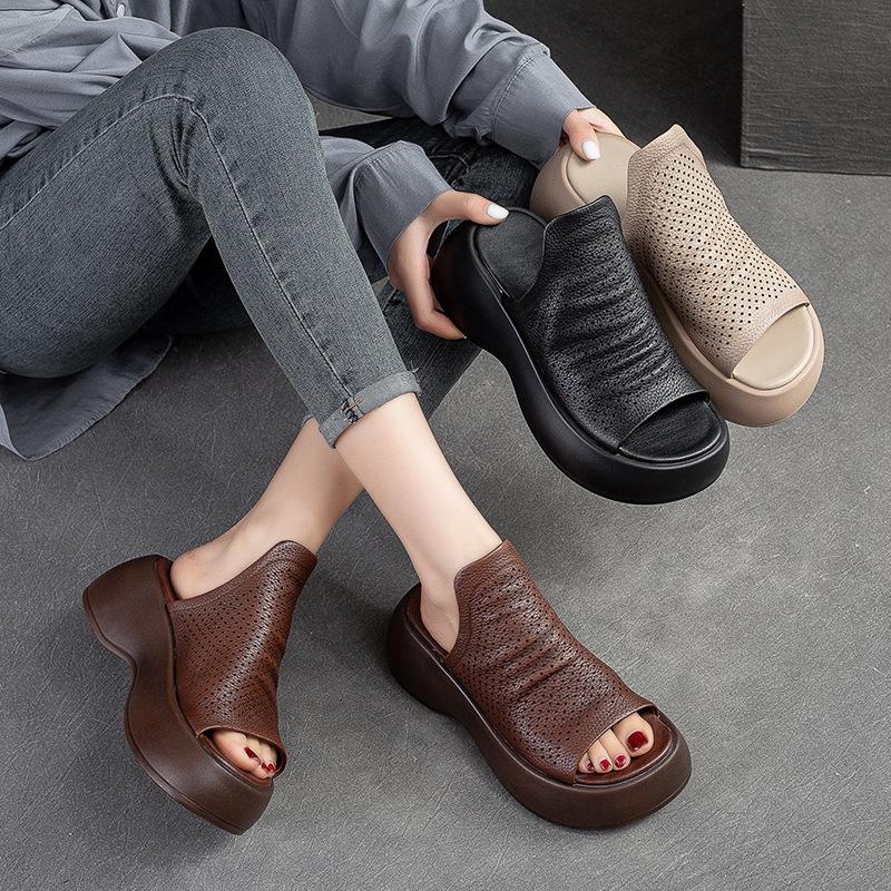 Fashion 6CM Cow Genuine Leather Summer Well-fitting Peep Toe Cozy Comfortable Contoured Lightweiget Loafer Women Slipper Sandals Shoes