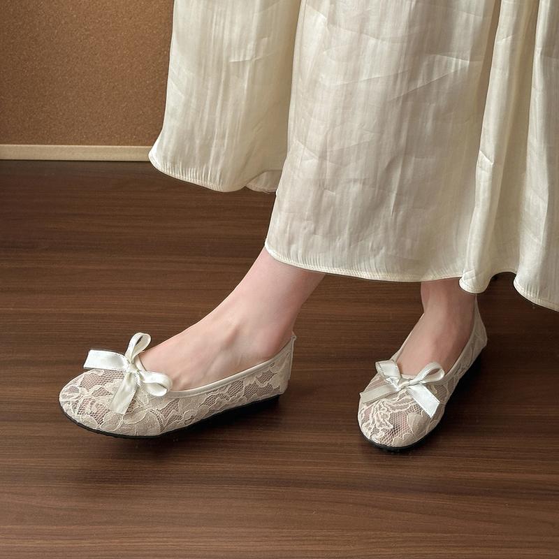 Mode 2025 Neue Damen Rundzehen Flachmündung Schleife Mesh Spitze Atmungsaktiv Weiche Sohle Flache Mesh Schuhe Frühling und Sommer Neue Einzelne Schuhe