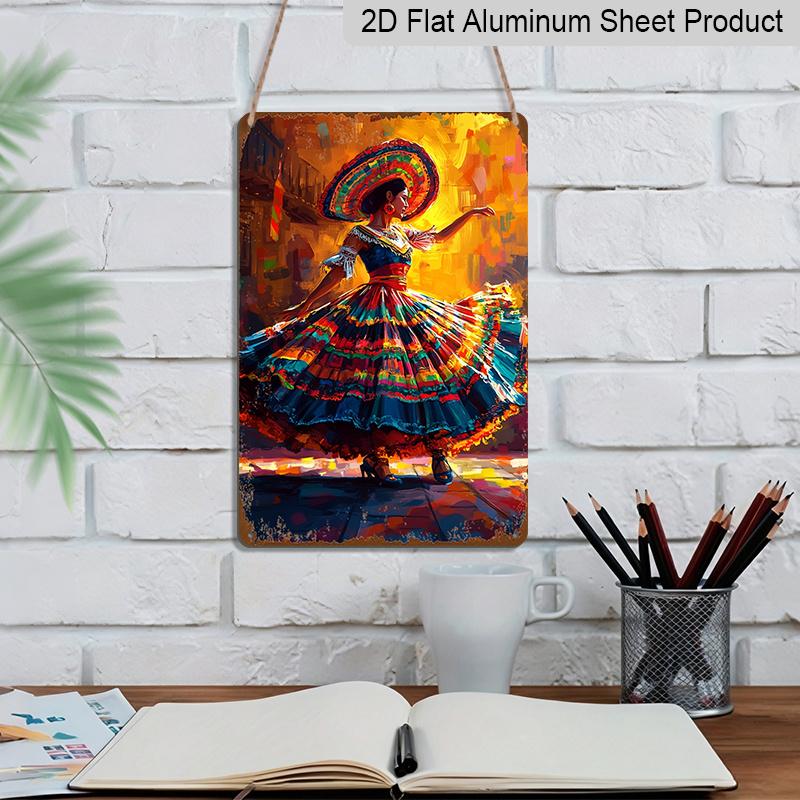 Płaskie 2D 1 szt. 8"x12" Znak Metalowy na Ścianę Cinco De Mayo - Żywy Meksykański Folklor Wzór Czaszki Cukrowej i Kaktusa, Wytrzymały Aluminiowy Wystrój do Domu, Baru