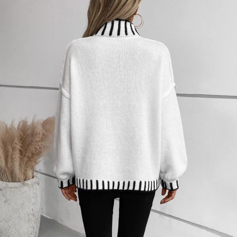 Women Loose Striped High Neck Long Sleeve Knit Pullover Casual Sweater Top