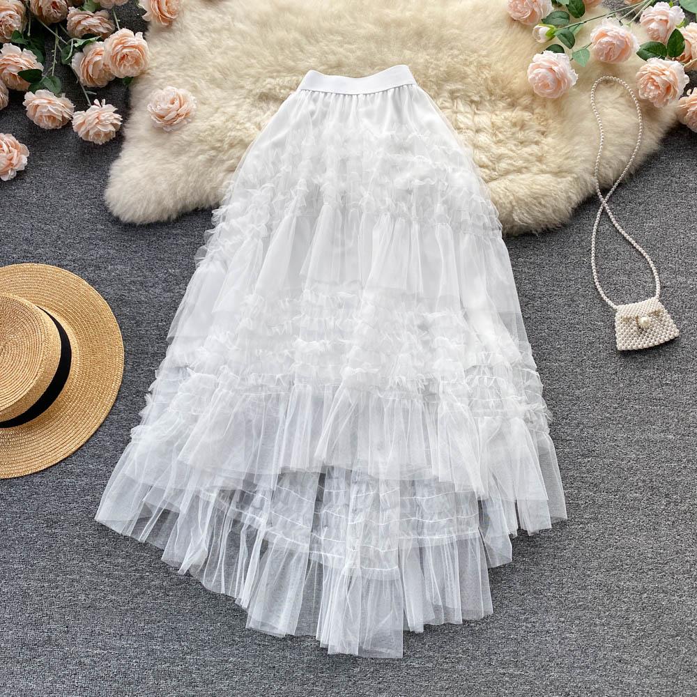 Gerüschter Feen-Temperament-Rock Frühling und Sommer Dünn und Lang Hohe Taille A-Linienform Mesh Unregelmäßiger Kuchenrock