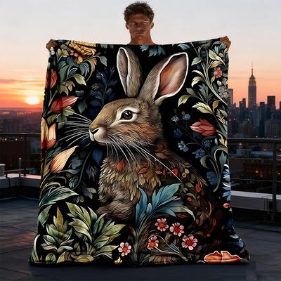 Rabbit Floral Pattern Outdoor Blanket, Soft And Comfortable Blanket, Casual Warm Outdoor Blanket, Camping Travel Blanket, Good Birthday Gift 1142