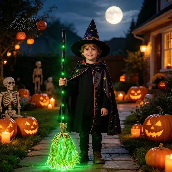 Kids Adult Cosplay Halloween Witch Broom with Green LED Light, Glowing Wizard Easy Assembly Tool Broomstick, Costume Prop for Themed Parties,