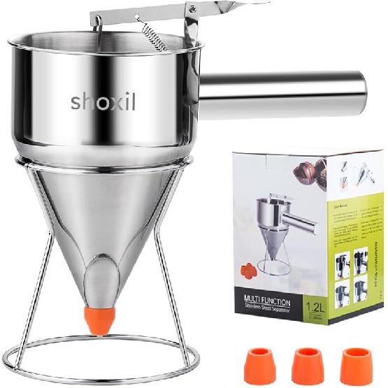 40oz Pancake Batter Dispenser, Stainless Steel Cake Dispenser with 4 Caliber Funnel & Stand, Baking Tools for Pancakes, Cupcakes & Baked Goods