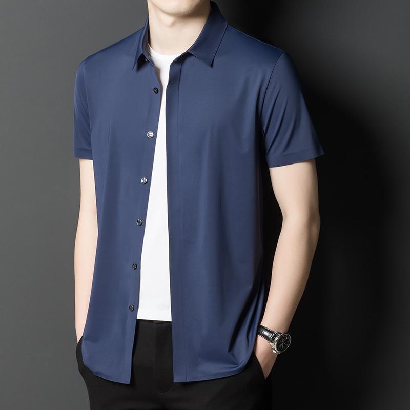 Seamless Iron-free Ice Silk Short-sleeved Men's Shirt Summer New Style Young and Middle-aged Business Casual High-elastic Thin Shirt for Men