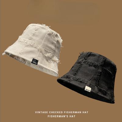 Japoński Retro Kapelusz Rybacki dla Kobiet Wiosna i Lato Wersja Koreańska Niszowy Design Surowe Krawędzie Kraciasty Kapelusz Bucket Wszechstronna Ochrona przed Słońcem Kapelusz typu Basin
