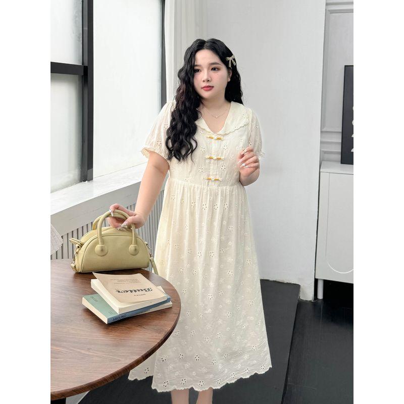 Plus size women clothing [French style Beautiful Long dress] Doll Collar Hollow Embroidered 100.00kg Slimming Buckle Full Body Dress