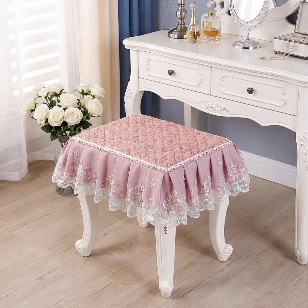 Floral Pattern Makeup Stool Cover Lace Edge Ruffled Stool Cushion Cover Full-Coverage Dust-proof Elastic Stool Slipcover
