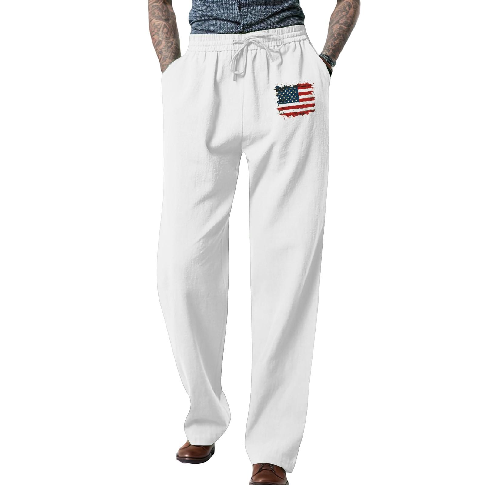 

Мужские свободные повседневные однотонные хлопковые льняные брюки с эластичным галстуком и принтом, прямые брюки XL белый