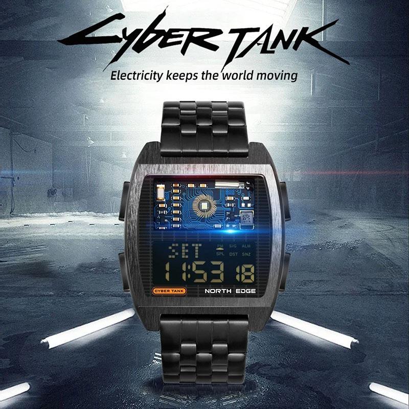 NORTH EDGE Herren Digitaluhr Retro Industrie Metall Stil Wasserdicht 50M Sport Uhren Für Männer Welt Zeit reloj de hombre