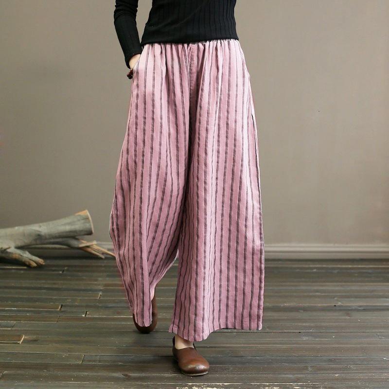 2023 Retro Cotton Linen Striped Wide-Leg Women's Slimming Cropped Pants - Japanese Style Summer Casual Wear