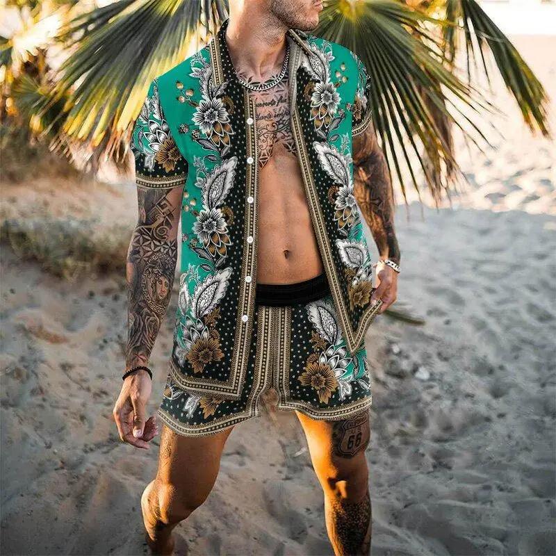 Summer Men's Fashion Leopard Print Short Sleeve Shirt And Shorts Set Beach Style T Shirt Breathable Shorts Two Piece Set