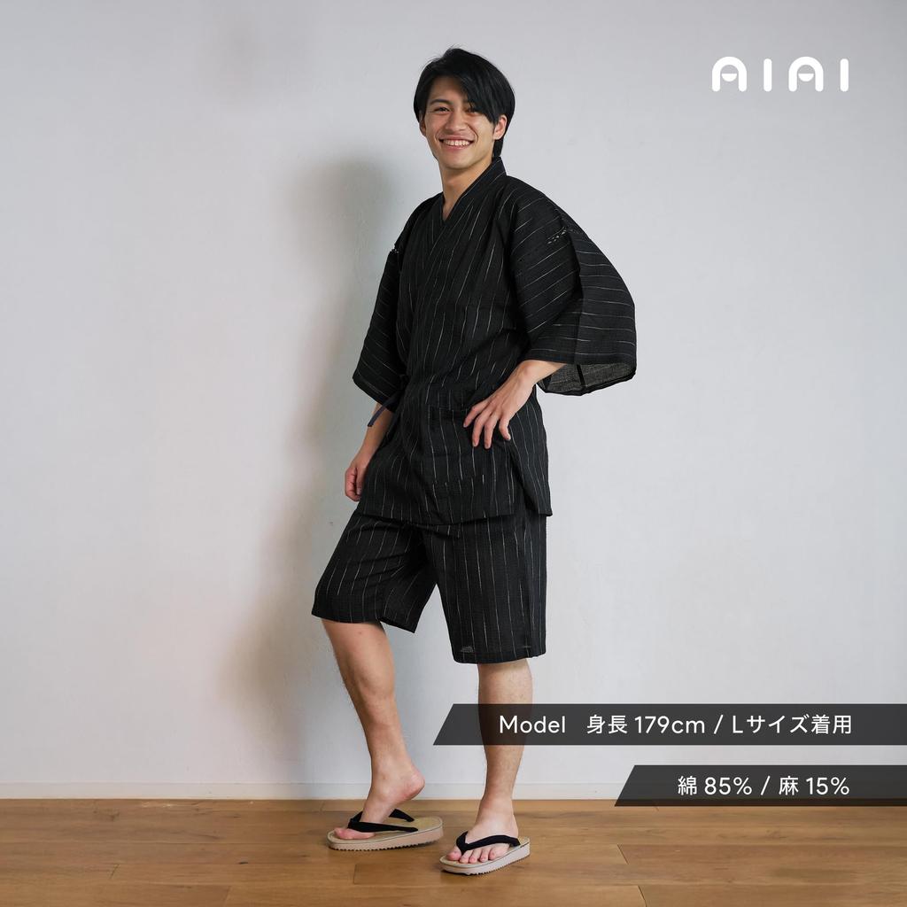 [Ai Ai] Men's Jinbei (Japanese Summer Wear) - Cotton-Linen Seersucker Fabric, 85% Cotton, 15% Linen, Washable, Cool, Soft, Summer, Festival, Fireworks
