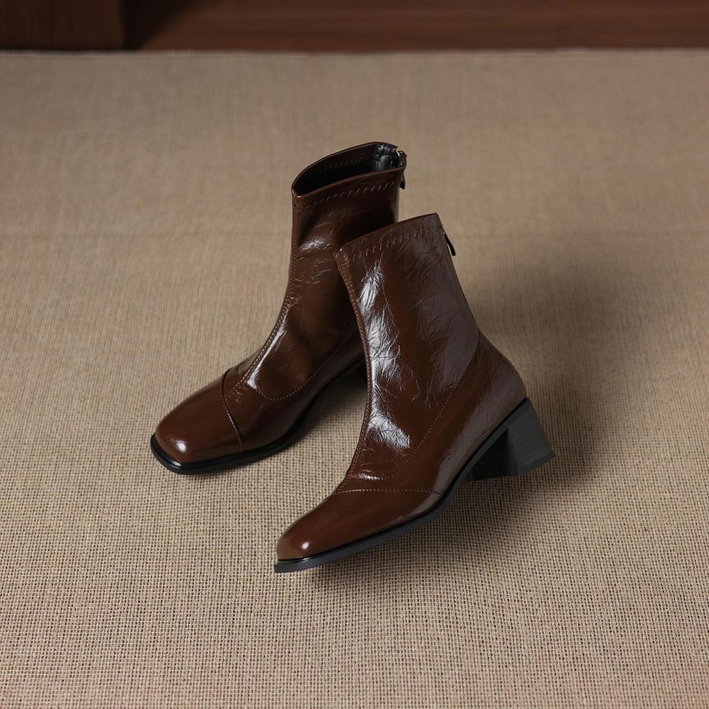 Krazing Pot Microfiber Square Toe Med Heels Elastic Boots Size 43 Slip On Women  Basic Design Ankle Boots