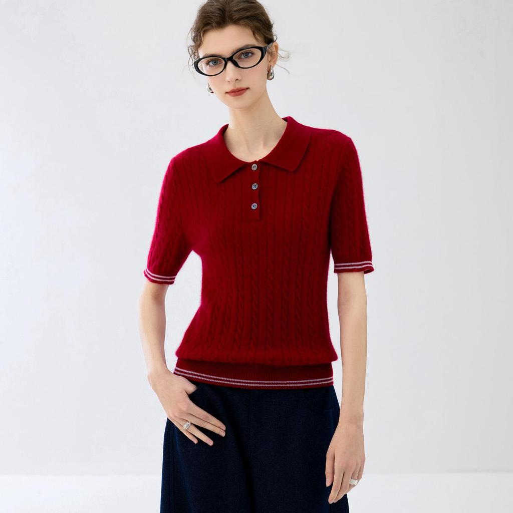 Lekasha Cashmere Goat Wool Cable Knit Polo Collar Short-Sleeve Top