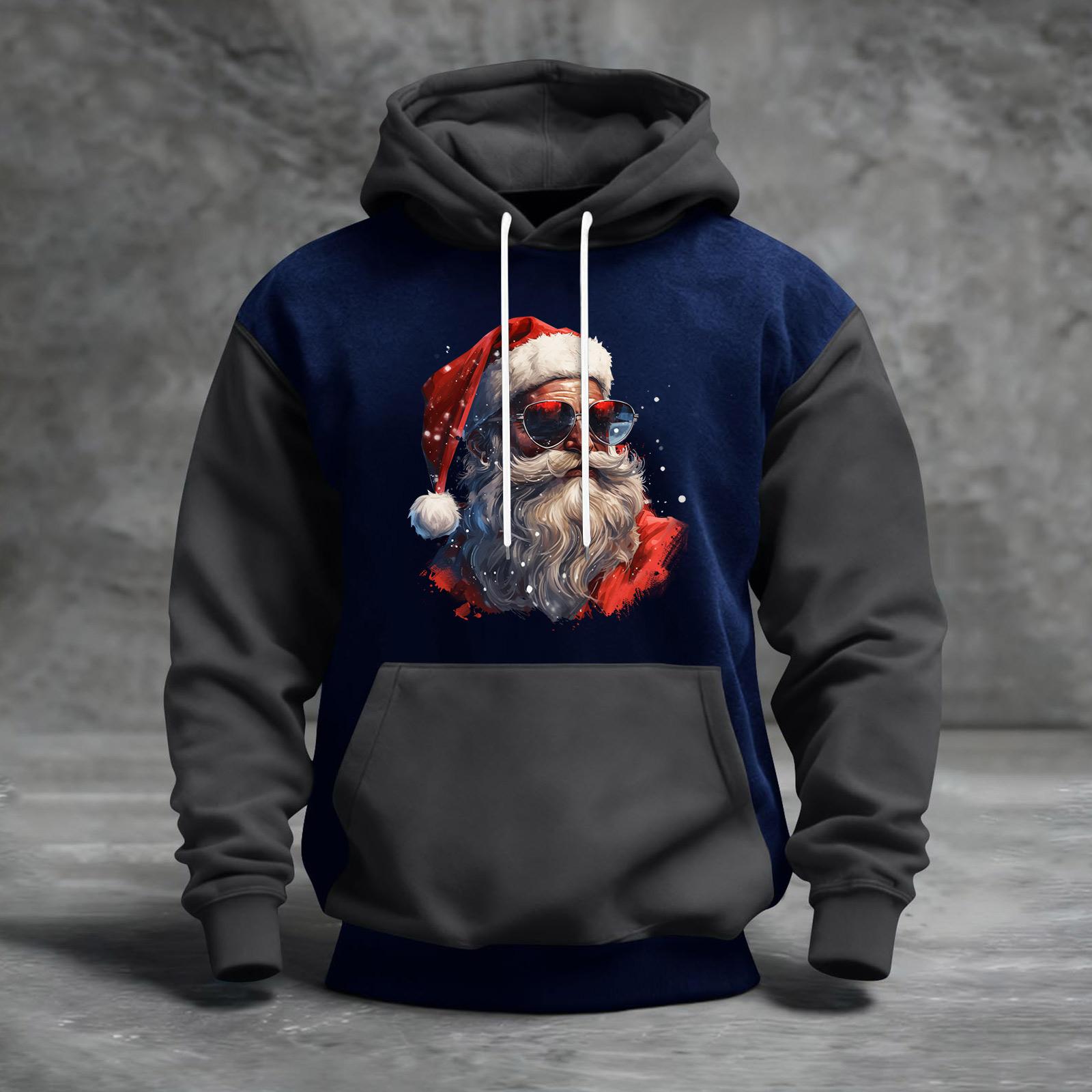 

Мужской рождественский свитшот с капюшоном, повседневный, спортивный, удобный, с цветными блоками и принтом XXXL