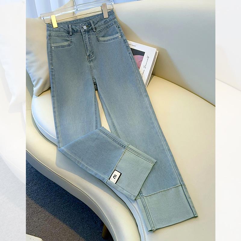 Women's Retro High Waist Patchwork Jeans - Slimming Straight Leg Cigarette Pants, Spring/Autumn 2025 Collection.