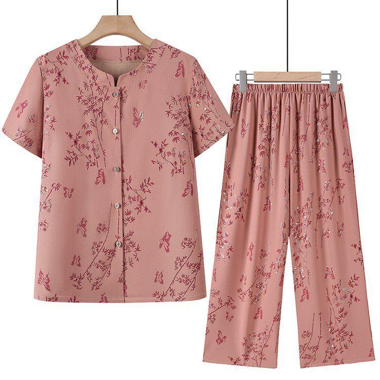 

Grandma s Summer Two-Piece Suit: Short-Sleeved Loose Cardigan Set for Moms and Seniors 2XL (Recommended 100-115 lbs)