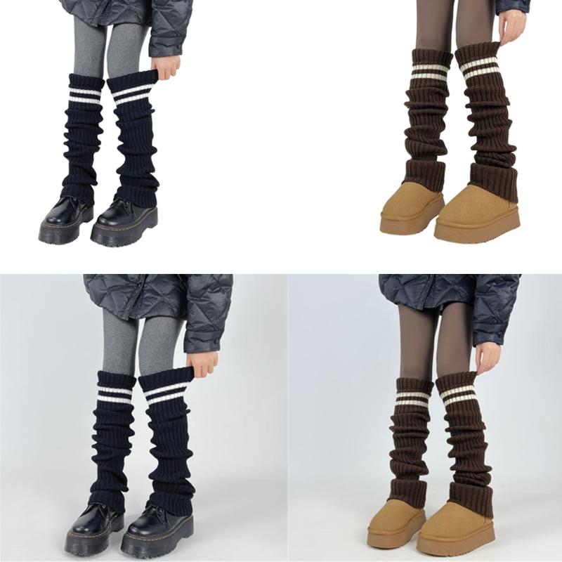 Women Thicken Ribbed Knit Leg Warmer Preppy Style Double Striped Leg Covers Snow Boot Cuffs Over Knee Stacked Long Socks