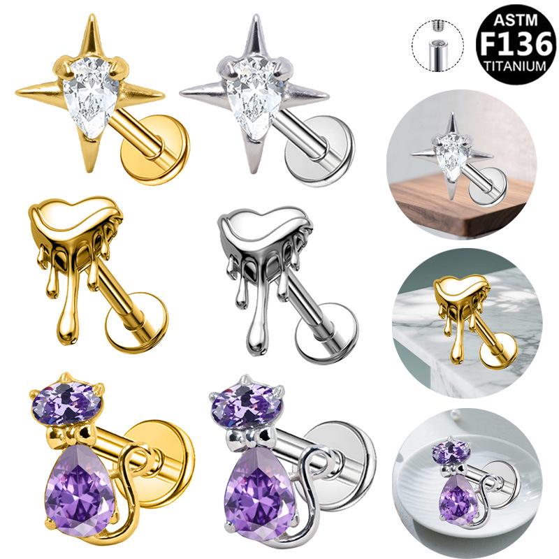 Herzförmiger Katzen-Ohrknochen-Stecker Piercing Schmuck mit lila Zirkon G23 Titan - Designer-Stil, Modisch, Schlicht.