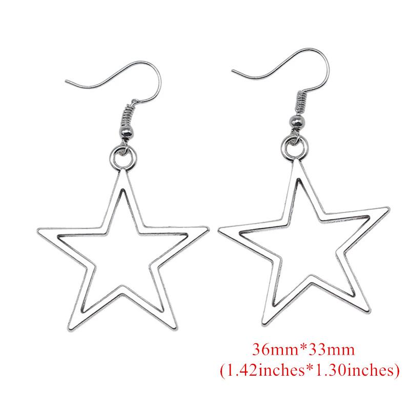 Fashion Handmade Simple Design Antique Silver Color Hollow Star Pendant Drop Earrings Women Vintage Pentagram Jewelry